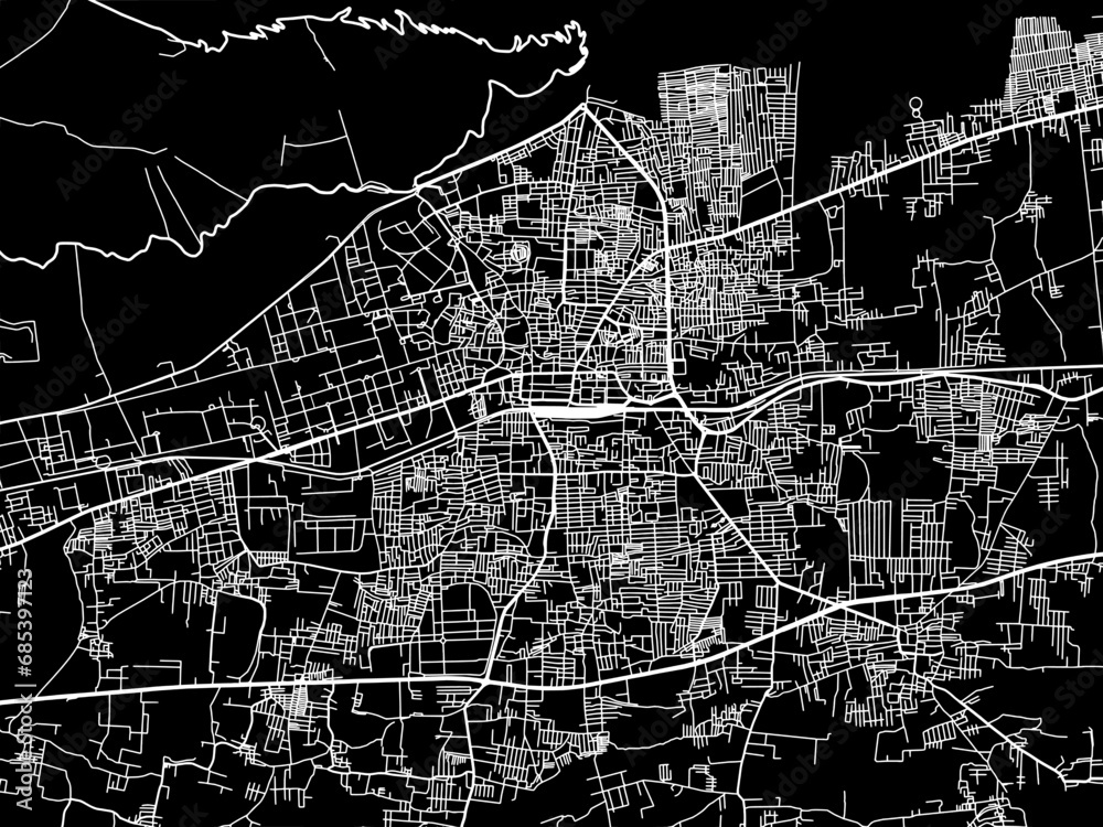 Vector road map of the city of Tirupati in the Republic of India with white roads on a black background.