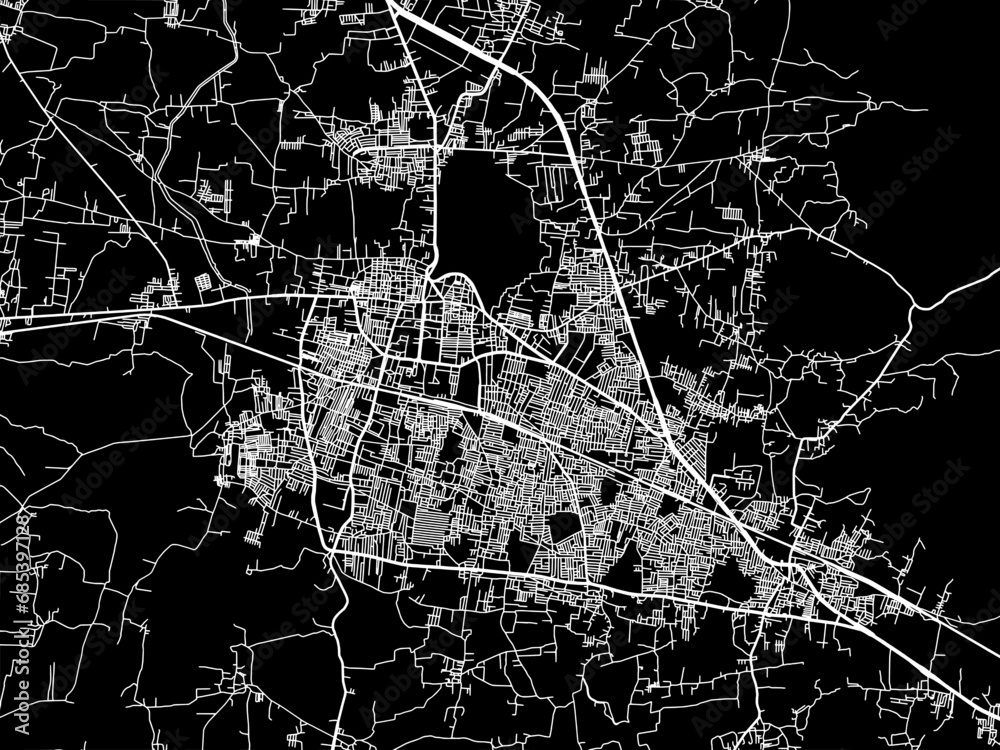 Vector road map of the city of Tumkur in the Republic of India with white roads on a black background.