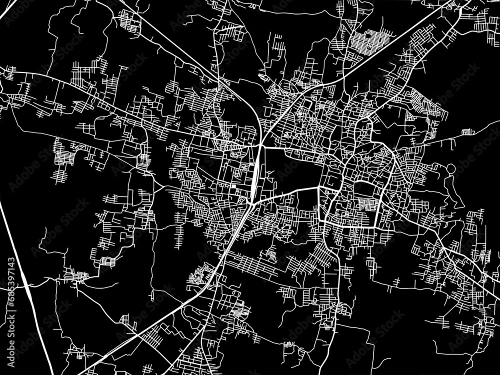 Vector road map of the city of Vizianagaram in the Republic of India with white roads on a black background.
