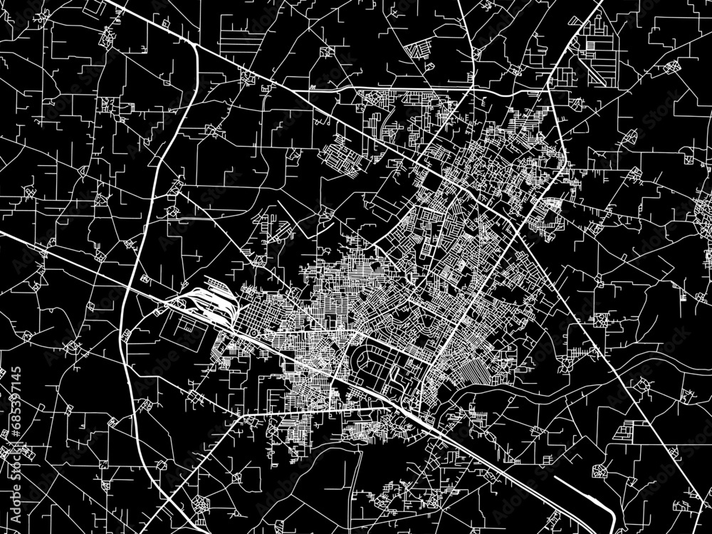 Vector road map of the city of Yamunanagar in the Republic of India with white roads on a black background.