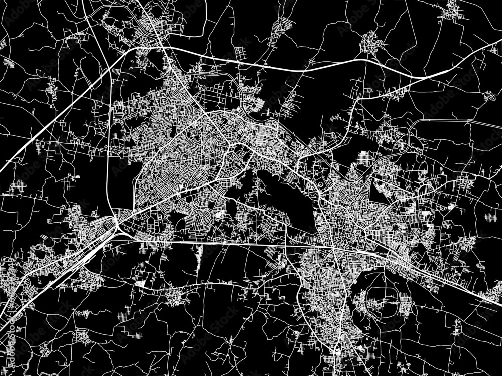 Vector road map of the city of Warangal in the Republic of India with white roads on a black background.