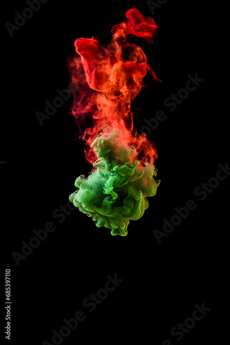 Contrasting Chroma: Red and Green Swirling Fumes on Abyssal Black Canvas - Vivid Shades Coalescing in Enigmatic Whirls