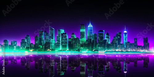 neon retro skyline cyber city dark sky with green pink and violet
