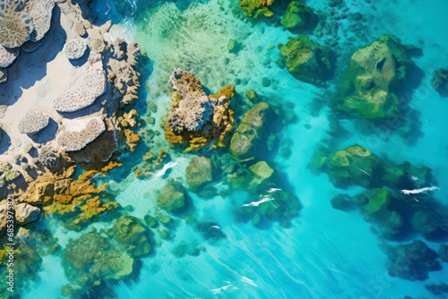 A coastal reef system visible through clear turquoise waters from above.