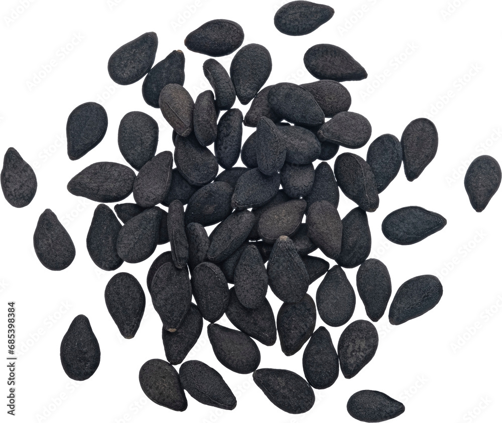 Pile of black sesame seeds isolated, top view Pile of black sesame seeds isolated, top view
