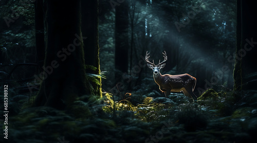 a deer in the forest during the night  cinematic light