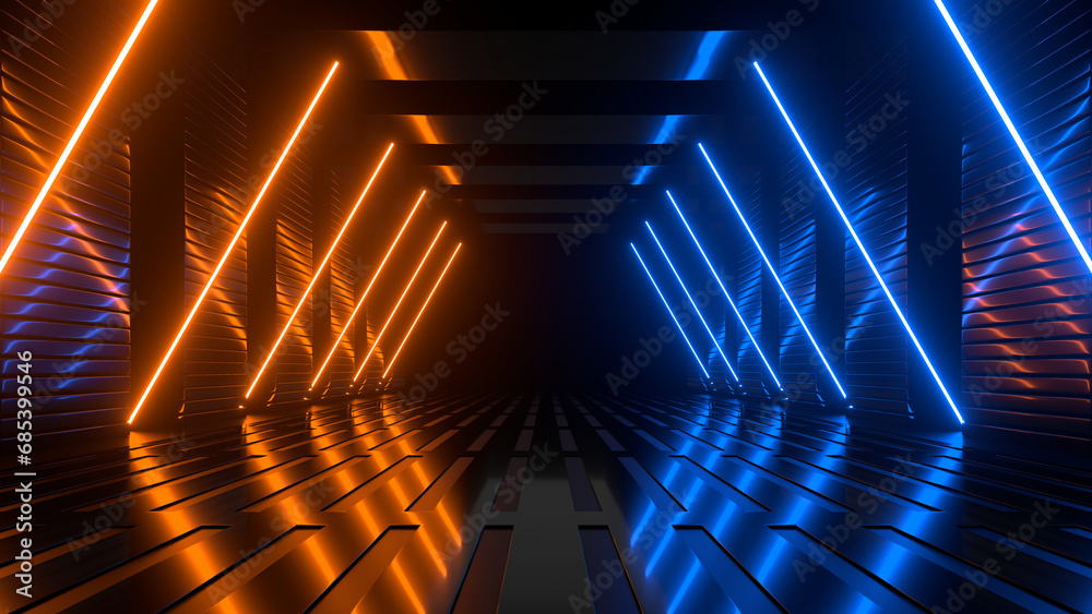 Sci Fi neon glowing lines in a dark tunnel. Reflections on the floor and ceiling. 3d rendering image. Abstract glowing lines. Technology futuristic background.