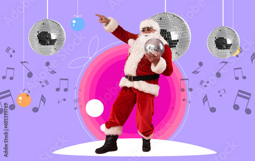 Cool Santa Claus with disco ball pointing at something on pink background