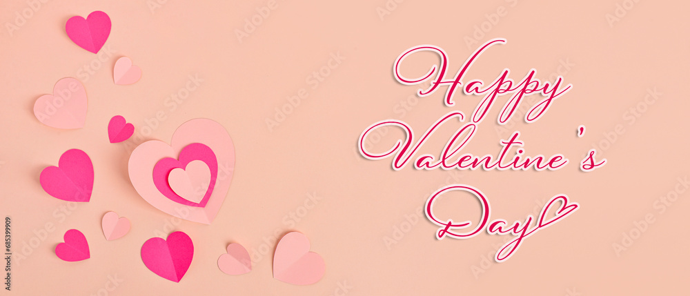 Greeting banner for Valentine's Day with paper hearts