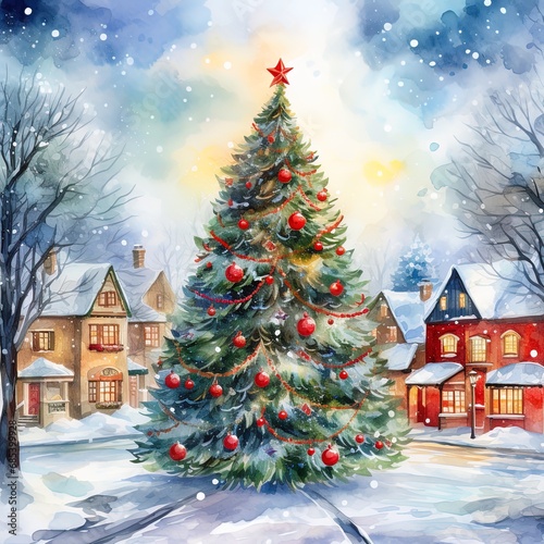 Watercolor Christmas tree placed in the center of lively suburban neighborhood. © W&S Stock