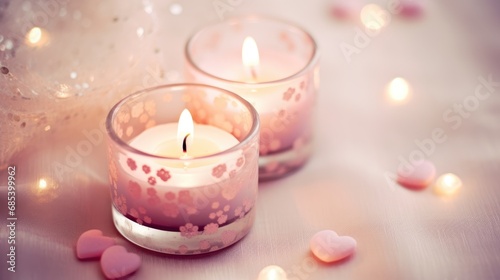 two candles on a silk pink beige background with hearts