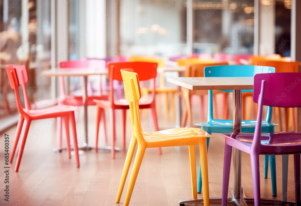 Restaurant dining, furniture, table with colorful chairs and tables various candy colors

