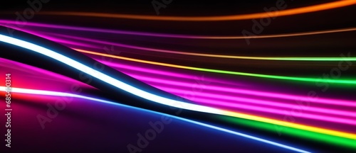 Colorful curved neon lights depicting motion and speed of light in plain black background from Generative AI