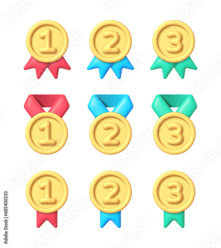 Collection with gold medal 3d. A set of medals for first, second and third place. 3d render cartoon vector illustration