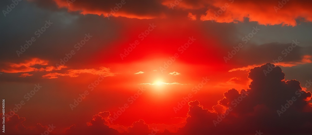 Sun shining brightly on red cloudy sky from Generative AI