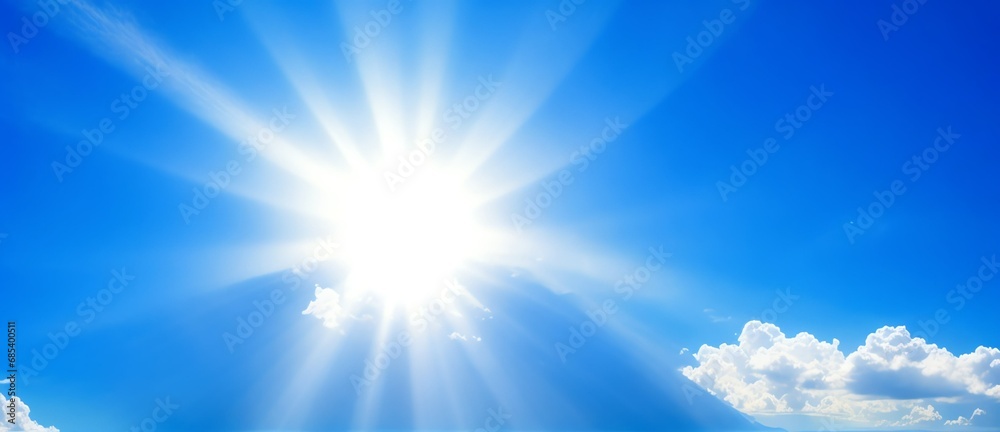 Sun shining brightly with rays of light on blue cloudy sky from Generative AI