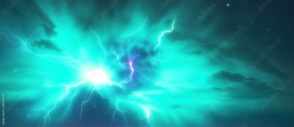 Teal electric lightning sparks coming from an explosion of energy on space cosmos background from Generative AI
