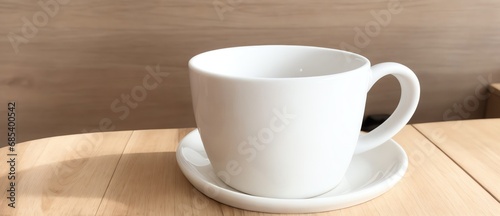 White mug on a wooden table on a dining room background from Generative AI