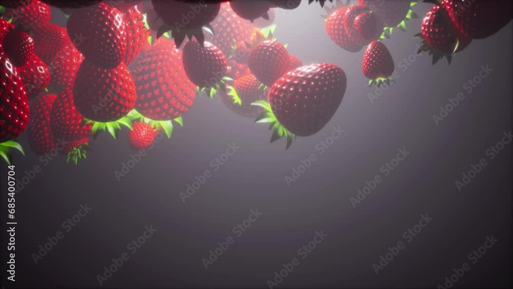 realistic strawberries flying down and changing scale and then disapear. Modern 3d render animation of sweet fruit with fog under white light