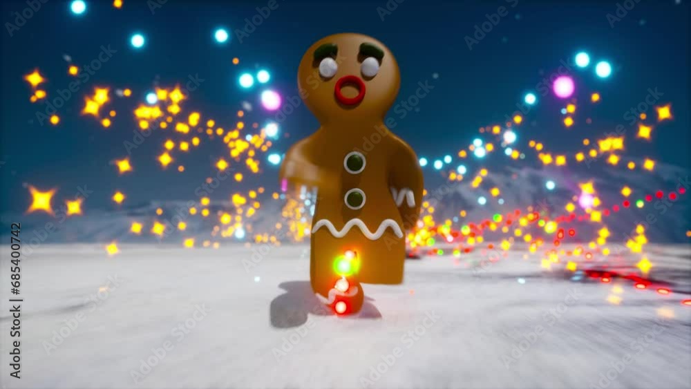 beautiful render 4k animation of runing ginger bread funny character. Sweet cake on adventure in winter christmas background