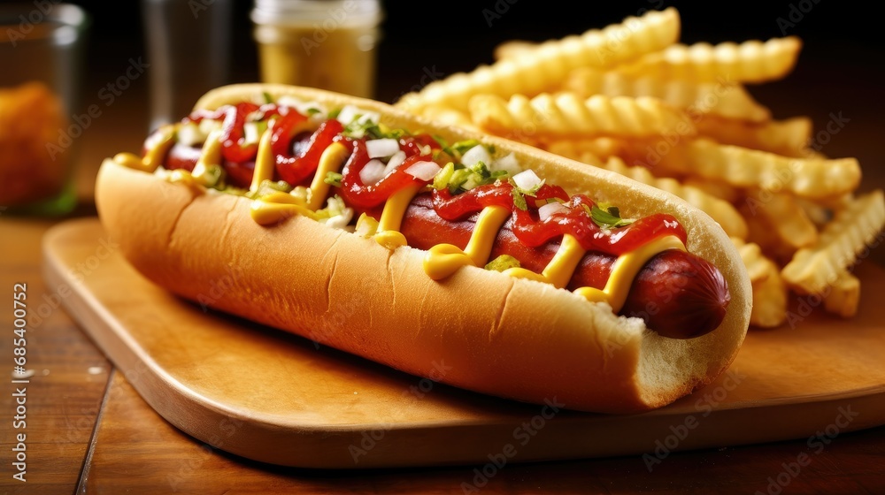 Delicious hotdog, sausage in bread close-up with French fries. Fast food. Menu Delicious hotdog, sausage in bread close-up with French fries. Fast food. Menu