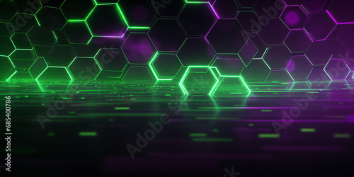 Abstrakter futuristischer Hintergrund mit lila grünen Hexagons.  photo