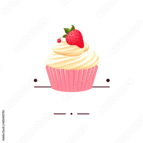 simple vector graphics logo of a cake for any company or a muffin with yellow cream and a cherry on top witch tex space on the white background.generative ai