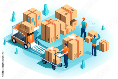 Character illustration, delivery system, operation and collection of a cardboard package from the conveyor belt and shipment to the customer.generative ai
