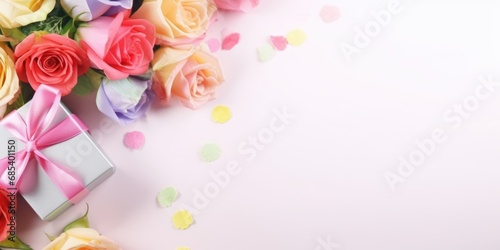 Beautiful flowers and gift boxes on light background
