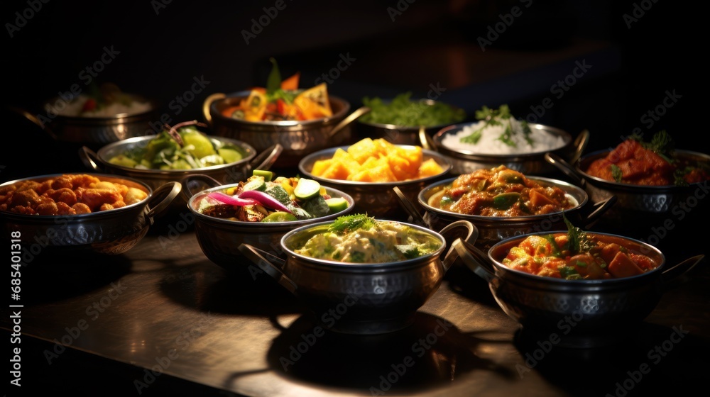 Bowls of indian food on dark table.,