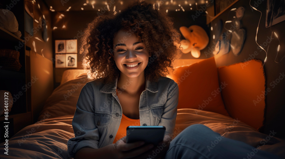 Girl with afro hair in a casual style interacting with her cellphone smartphone in her modern room with quality lighting shopping online on social media Girl with afro hair in a casual style interacting with her cellphone smartphone in her modern room with quality lighting shopping online on social media