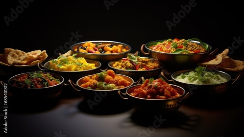 Bowls of indian food on dark table., photo