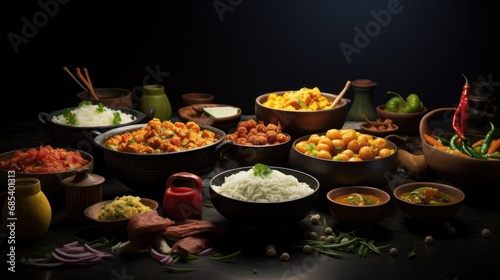 Bowls of indian food on dark table.,