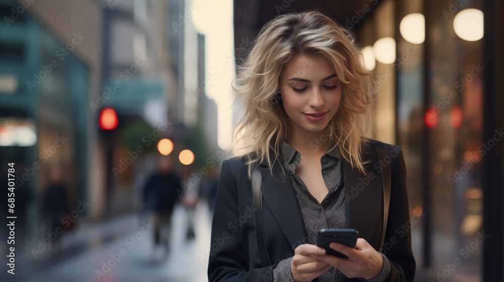 Elegant blonde woman with a smartphone leaving the office heading out on the street Elegant blonde woman with a smartphone leaving the office heading out on the street