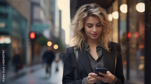 Elegant blonde woman with a smartphone leaving the office heading out on the street