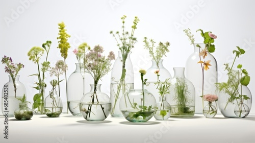 Collection of flower glass transparent vases with plants inside. On white background.,
