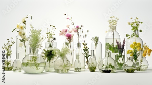 Collection of flower glass transparent vases with plants inside. On white background.,