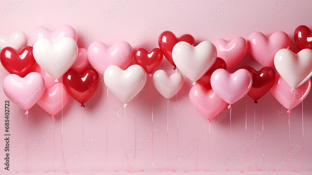 Banner with heart shaped balloons. E-commerce. Mother's Day and Valentine's concept. Romantic background. Copy space.