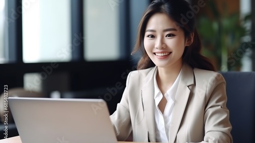 smiling businesswoman sitting in front of laptop