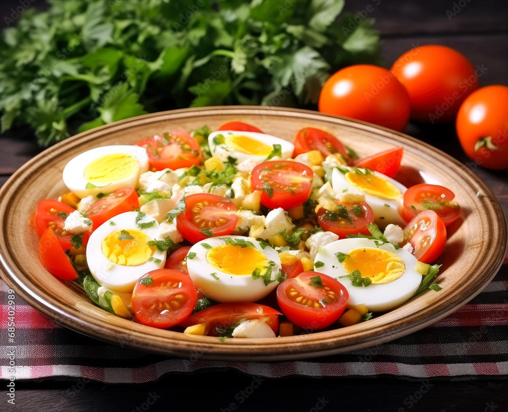 Plate an egg salad with tomatoes and vegetables on a wooden table. 