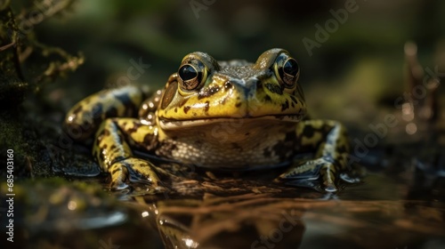 Frog sitting on a rock in a swamp. Close-up. Wilderness Concept. Wildlife Concept.