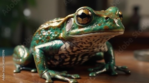 Green frog sitting on a wooden table in the living room  close-up. Wilderness Concept. Wildlife Concept.