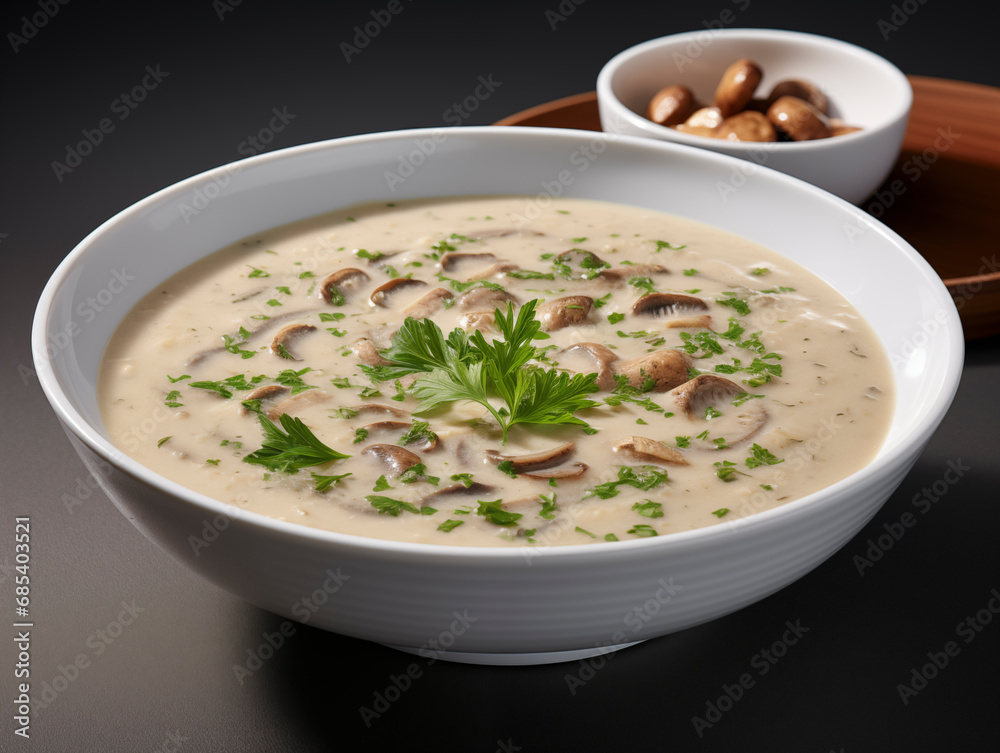 Mushroom soup of champignons in a white plate	