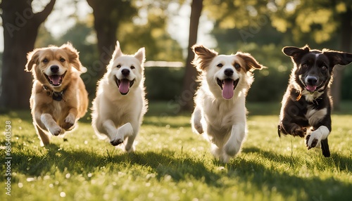 A playful group of three dogs run joyfully through a grassy park on a sunny afternoon