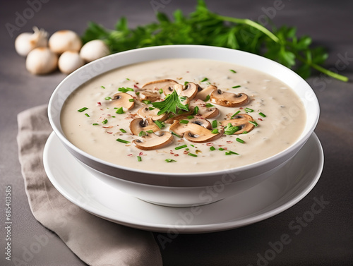 Mushroom soup of champignons in a white plate