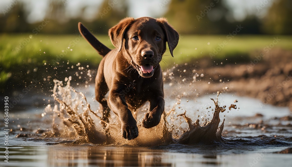 A playful brown Labrador retriever puppy running through a big muddy puddle on a farm on a sunny