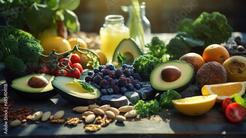 Healthy food selection , fruit, vegetable, seeds, superfood, cereal, leaf vegetable
