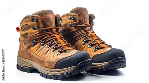 pair of hiking boots on white background, waterproof trekking boots