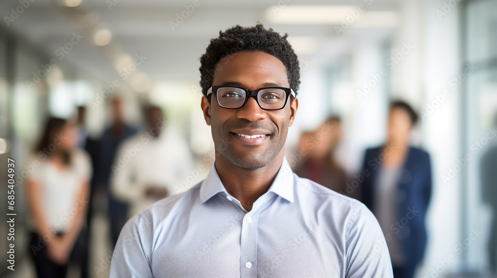 Portrait of confident businessman, dark skin, short hair, glasses at creative office with colleagues discussing