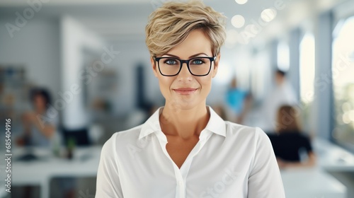 Portrait of confident beautiful business woman Skin color, short hair, glasses at creative office with friends background at work